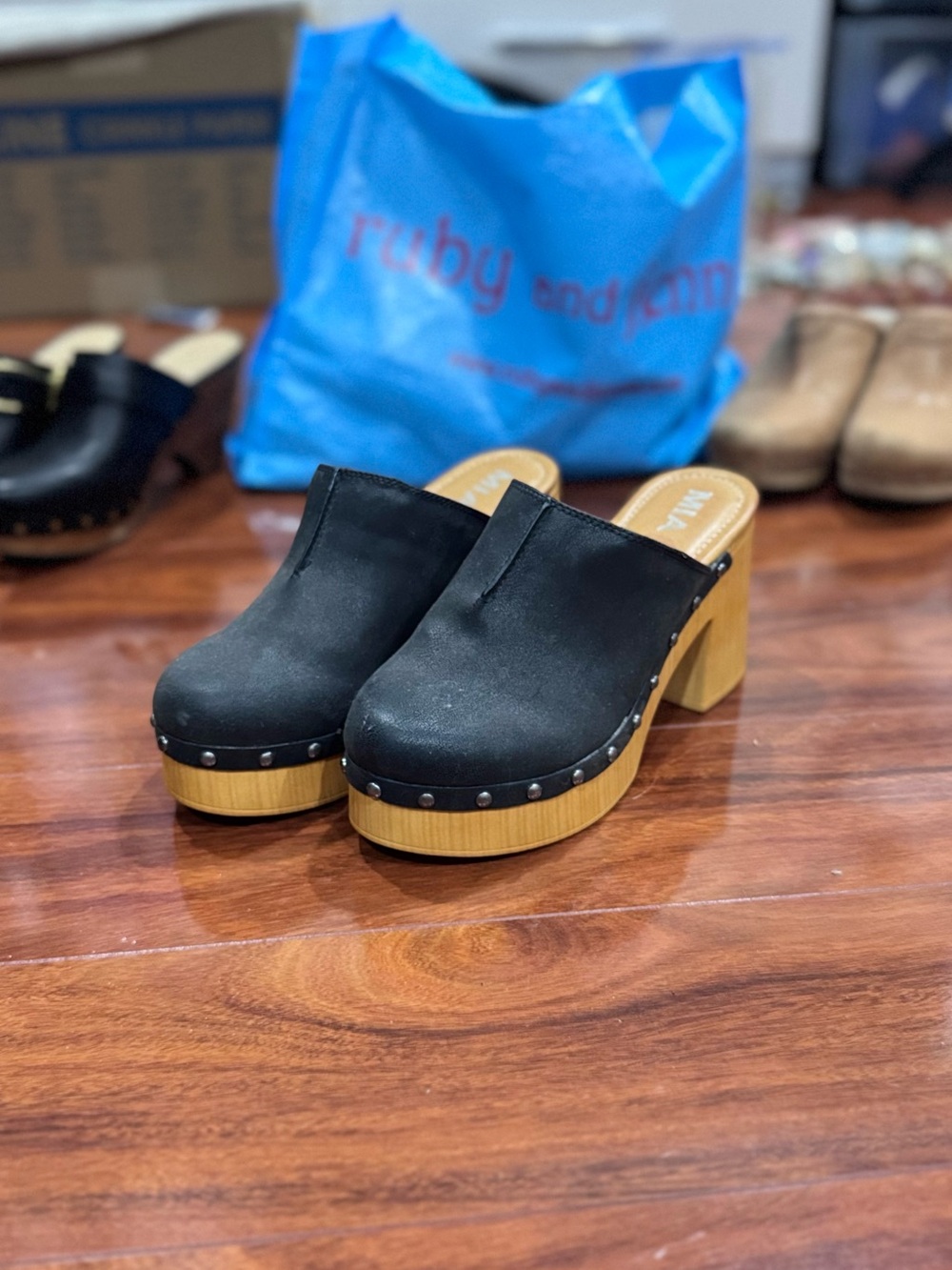 MIA Black Faux Suede Studded Clog Mules with Wood-Look Platform